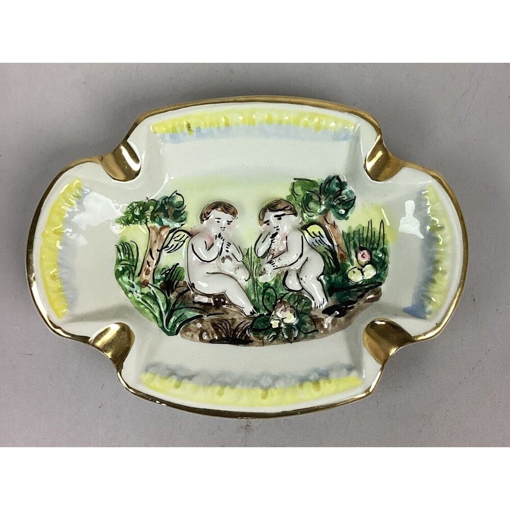 Vintage R Capodimonte Italy Cherub Ashtray With Gilded Accents